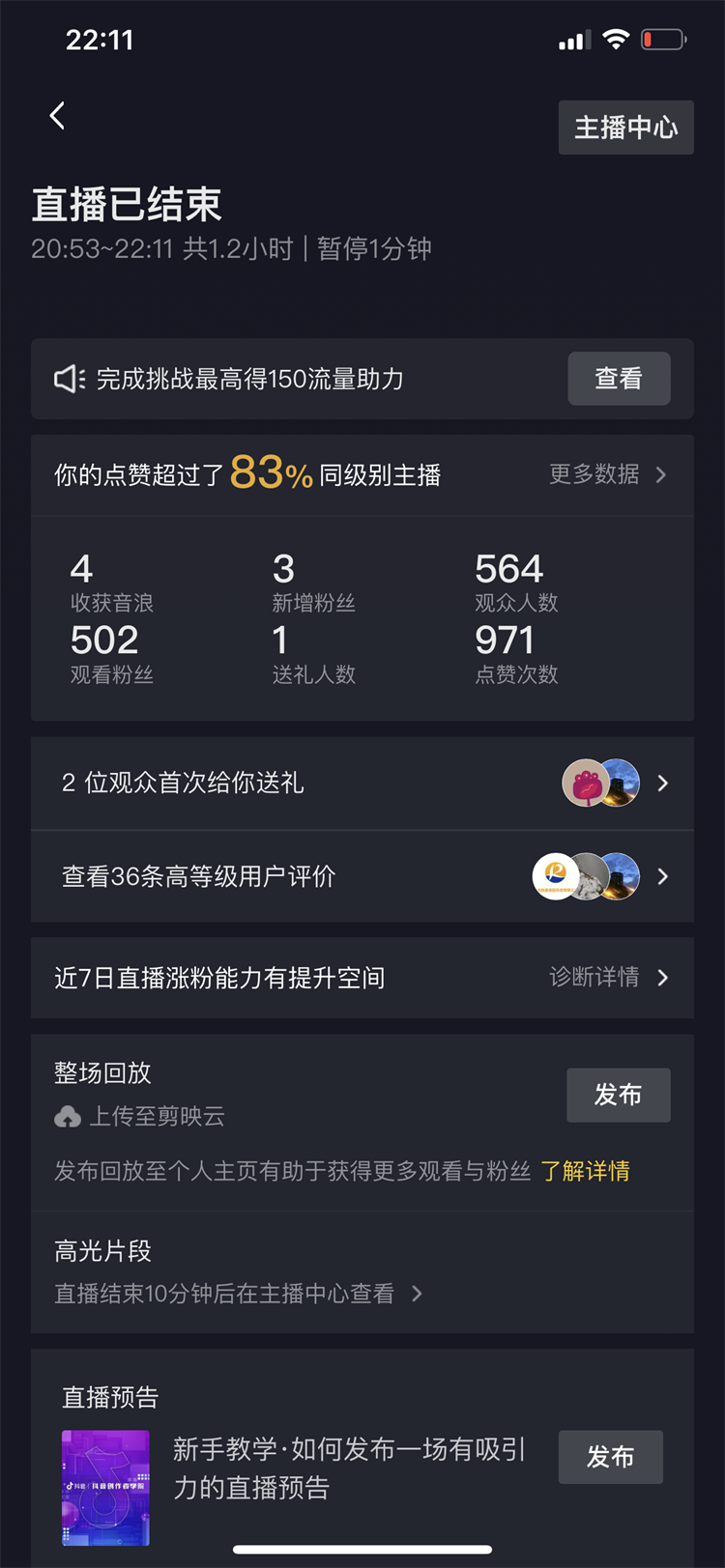 今晚直播了1.2小时，有个连麦，564人的观看，互动也比较多