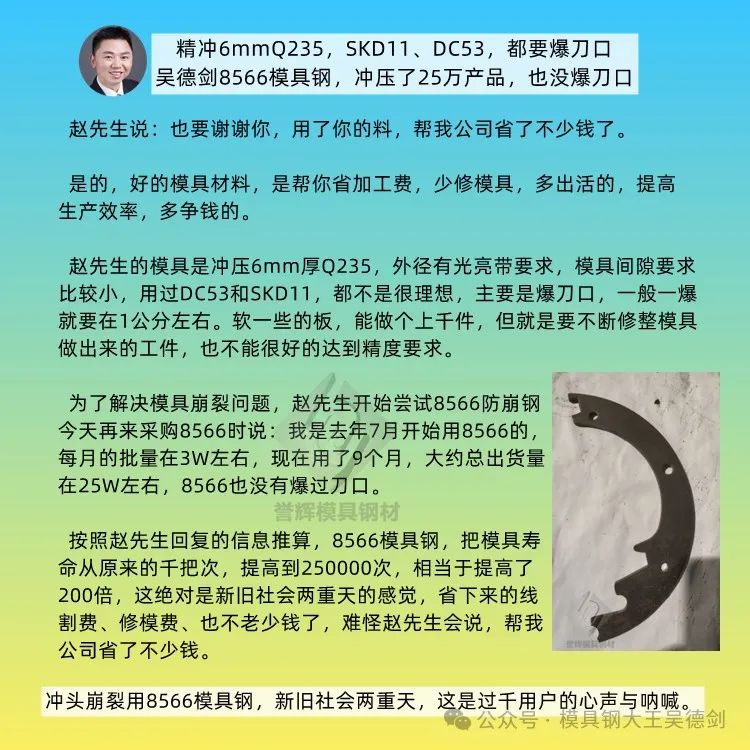 精冲6mmQ235，8566模具钢把寿命提高了200倍，成本降低了83倍