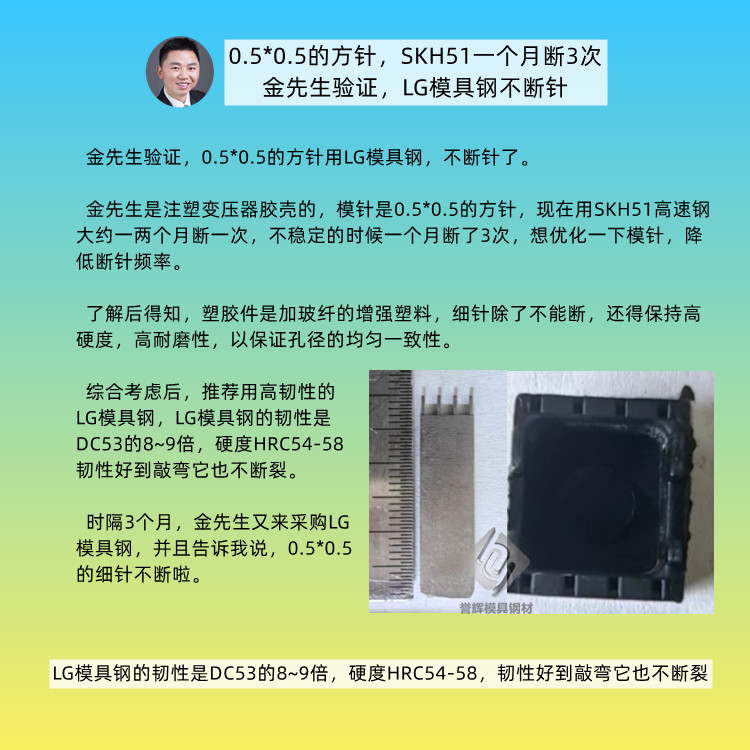 寿命100万次的PA66塑胶模具用什么模具钢？有很多对插芯子。第524篇