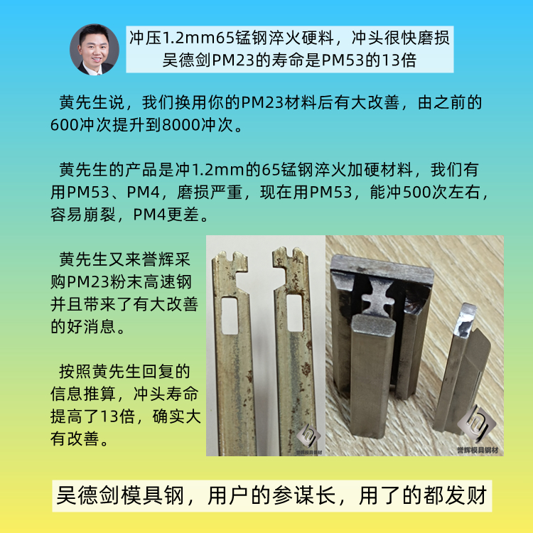 冲65锰用什么材料的冲头好？冲65锰硬料用PM23（ASP23）耐冲。第533篇