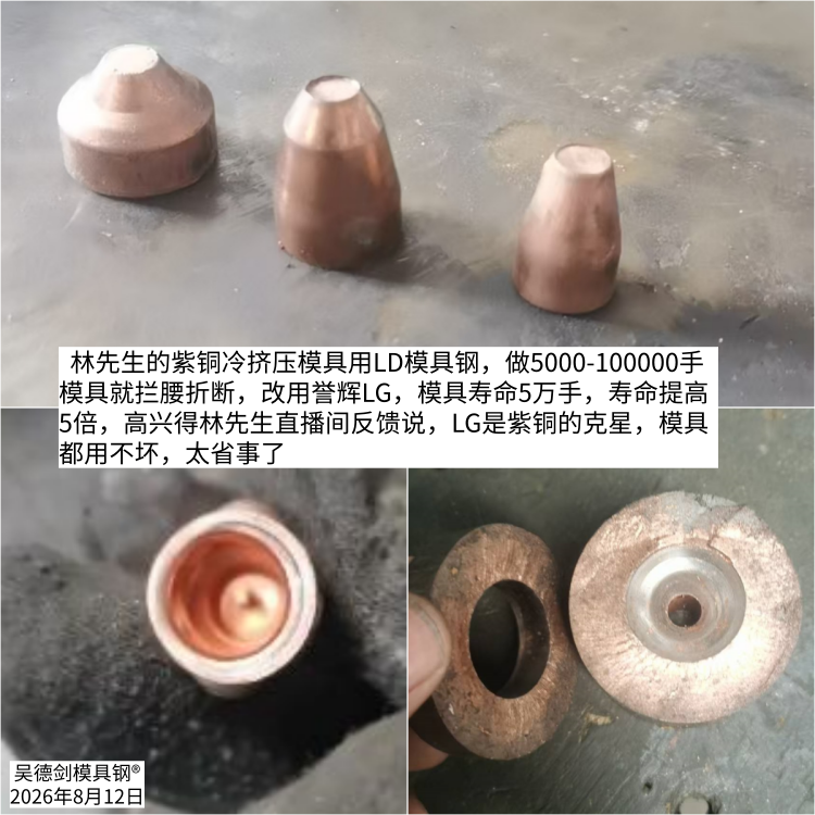 林先生说紫铜冷挤压模用LG料都用不坏，太省事了，LG是紫铜的克星。第599篇